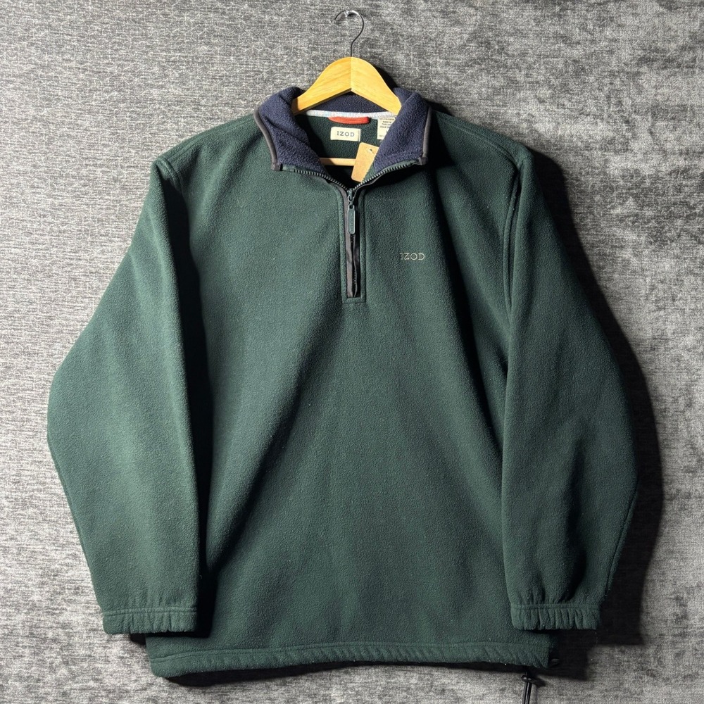 IZOD Mens Forest Green Quarter Zip Fleece Pullover Sweater Large Y2K Preppy